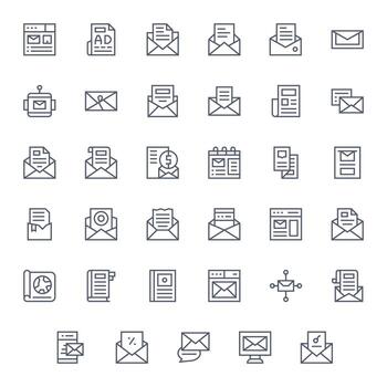 Newsletter Scalable Set featuring 35 PIXEL Perfect Regular Line 256x256 Icons vector