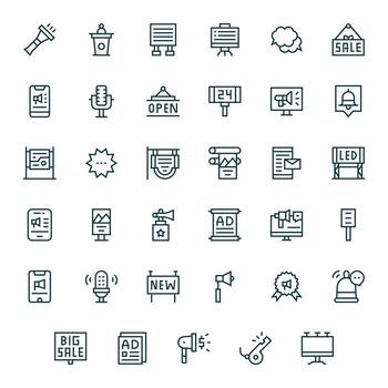 Announcement Complete Package with 35 High Resolution Regular Line Pixel Aligned Icons vector