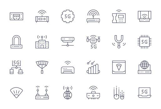 24 128x128 Thin Line Icons for Modem with Pixel Aligned precision vector