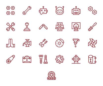 Mechanical Design Icons featuring 25 Grid Fitted Regular Line Style vector