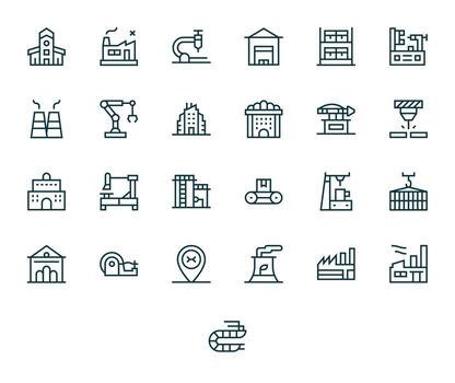 Factory Graphics Pack including 25 Regular Line Retina Ready Pixel Optimized Icons vector