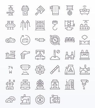 40 Icons inspired by Manufacturing in Pixel Aligned High Resolution Thin Line quality vector