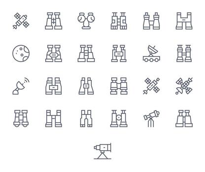 25 128x128 íconos para telescopio en cuadrícula equipado regular línea formato vector
