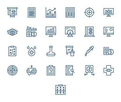 25 íconos para análisis presentando 128x128 monitor Perfecto regular línea gráficos vector