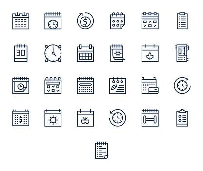 Monthly 64x64 Icon Pack with 25 Regular Line Pixel Optimized Elements vector