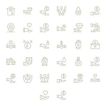 32 Detail Enhanced Icons themed around Donation in High Resolution Thin Line format vector