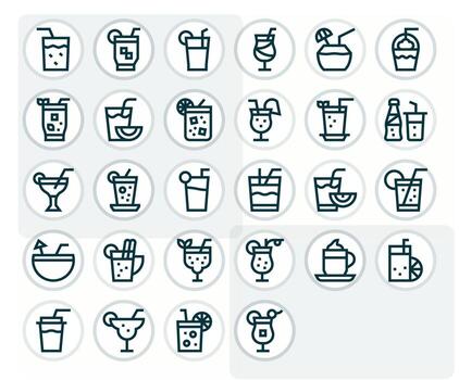 28 píxel alineado íconos temática alrededor con hielo bebida en alto resolución negrita línea formato vector