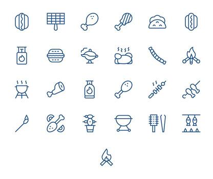 25 PIXEL Perfect Icons themed around Barbecue in 256x256 Regular Line format vector