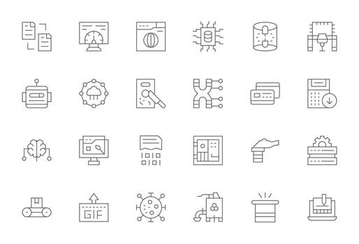 Procesando icono conjunto con 24 Delgado línea alto resolución píxel optimizado gráficos vector