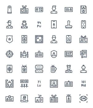Identification High Resolution Icon Pack with 42 Regular Line Pixel Aligned Elements vector