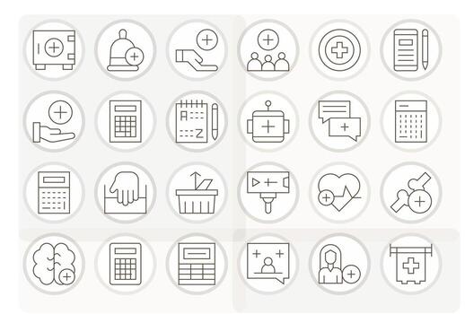Delgado línea estilo añadir íconos con 24 256x256 píxel alineado diseños vector