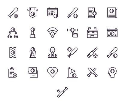 Baseball Scalable Set featuring 25 Pixel Aligned Regular Line High Resolution Icons vector