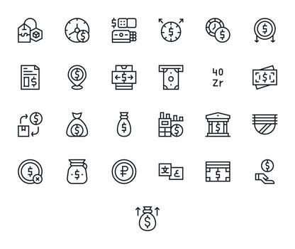 25 Regular Line Pixel Aligned Icons for Currency Graphics vector