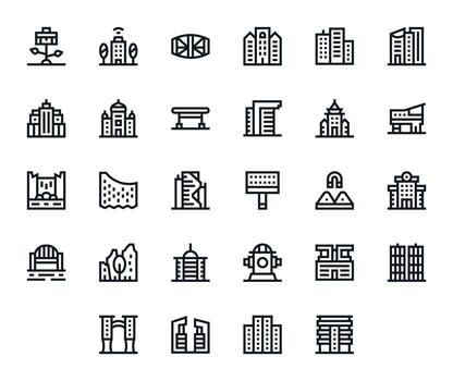 28 íconos inspirado por urbano planificación en píxel optimizado alto resolución negrita línea calidad vector