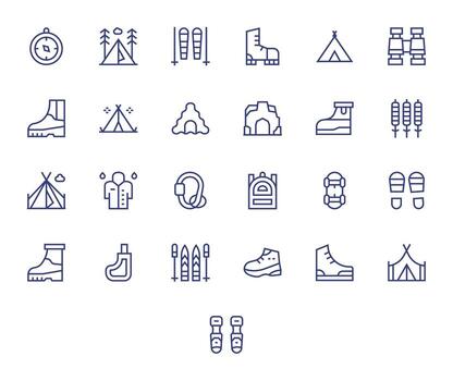 Trekking Icon Collection featuring 25 Pixel Aligned High Resolution Regular Line Designs vector