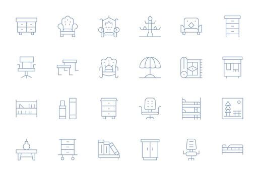 Furniture Comprehensive Bundle with 24 Pixel Optimized Thin Line 64x64 Icons vector