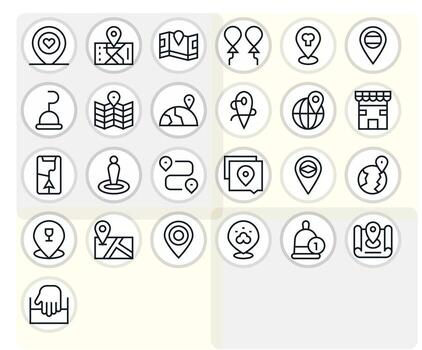 Place Comprehensive Bundle with 25 PIXEL Perfect Regular Line High Resolution Icons vector