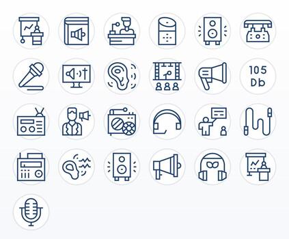 Speaker Design Icons featuring 25 Grid Fitted Regular Line Style vector