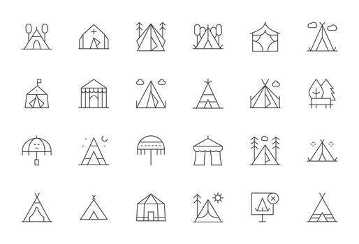 24 Thin Line Pixel Optimized Icons for Tent Graphics vector