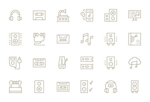 24 Delgado línea íconos desde música jugador en alto resolución cuadrícula equipado calidad vector