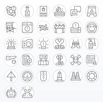 Warning Icon Collection featuring 32 Pixel Optimized High Resolution Thin Line Designs vector