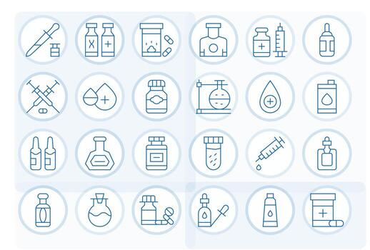Vial Icon Toolkit featuring 24 Editable 128x128 Thin Line elements vector