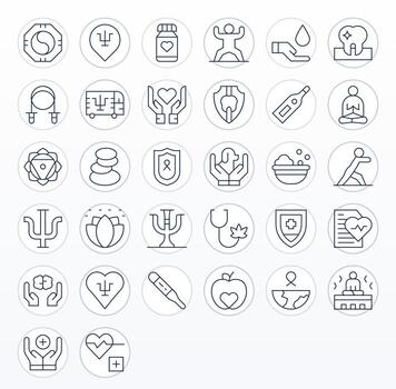 32 Icons inspired by Wellbeing in Pixel Aligned High Resolution Thin Line quality vector
