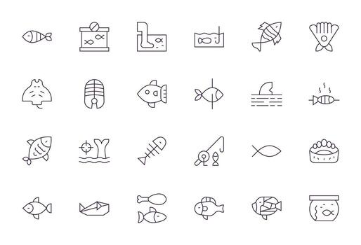 Fish Icon Library with 24 Thin Line 256x256 Pixel Optimized Designs vector