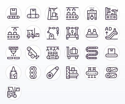Conveyor Comprehensive Bundle with 25 PIXEL Perfect Regular Line 128x128 Icons vector