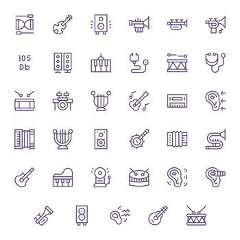 Acoustic Icon Set with 35 Regular Line 128x128 Pixel Aligned Graphics vector