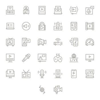 Streaming Visual Pack containing 32 Thin Line Pixel Aligned Icons vector