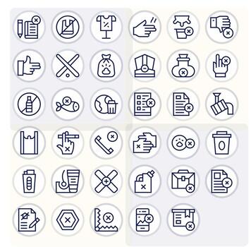 Refuse Visual Pack containing 35 Regular Line Grid Fitted Icons vector
