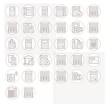 32 Icons for Calculator featuring 128x128 Editable Thin Line Graphics vector