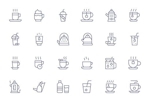 té icono conjunto con 24 Delgado línea 128x128 monitor Perfecto gráficos vector