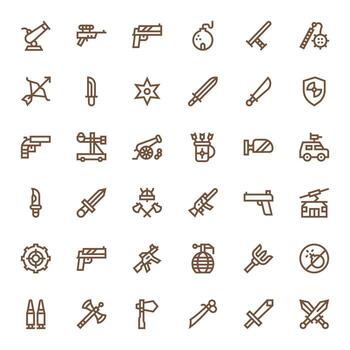 36 Icons inspired by Weapon in Pixel Optimized High Resolution Bold Line quality vector