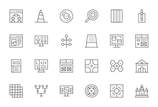 Layout Icon Repository containing 24 Thin Line 64x64 Pixel Aligned graphics vector