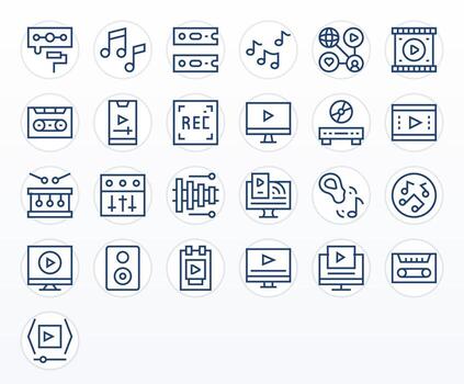 25 Icons for Playback optimized in Editable 256x256 Regular Line resolution vector