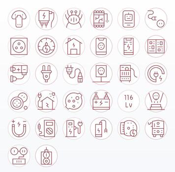32 Thin Line Pixel Optimized Icons for Power Supply Graphics vector