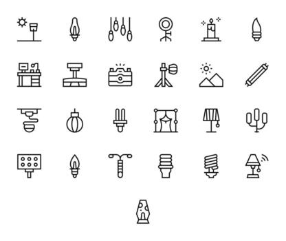 Lighting Icon Library with 25 Regular Line High Resolution Grid Fitted Designs vector