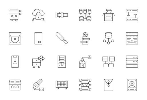 24 Editable High Resolution Icons for Data Storage in elegant Thin Line design vector