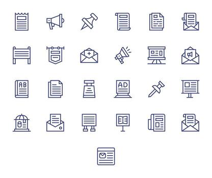 25 Icons inspired by Bulletin in Pixel Aligned High Resolution Regular Line quality vector