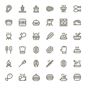 Grill Scalable Set featuring 36 Grid Fitted Bold Line High Resolution Icons vector