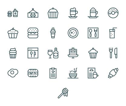 Cafe Menu Visual Pack containing 25 Regular Line PIXEL Perfect Icons vector
