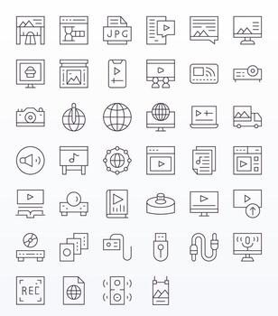 multimedia icono conjunto con 40 Delgado línea retina Listo píxel alineado gráficos vector