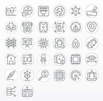 32 Icons inspired by Circuit in Pixel Aligned 256x256 Thin Line quality vector