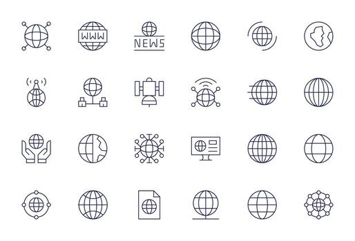 Global Communication Icon Collection featuring 24 Grid Fitted High Resolution Thin Line Designs vector