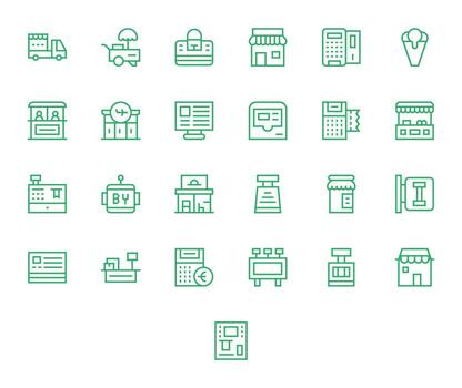 Kiosk Pixel Aligned Set with 25 High Resolution Regular Line Icons vector