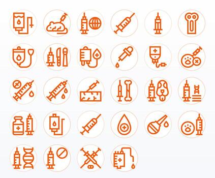 Bold Line Style Injection Icons with 28 64x64 Pixel Optimized Designs vector