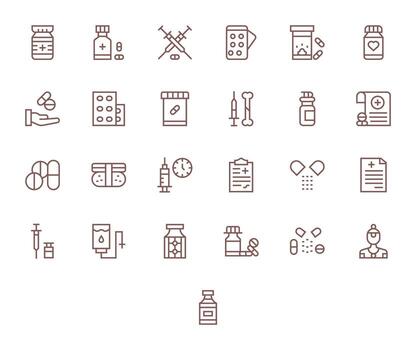 25 Regular Line PIXEL Perfect Icons tailored for Medication High Resolution interface vector