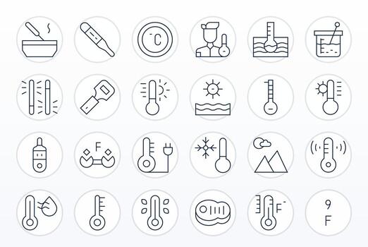 24 Delgado línea íconos diseñado para termómetro en alto resolución píxel Perfecto formato vector
